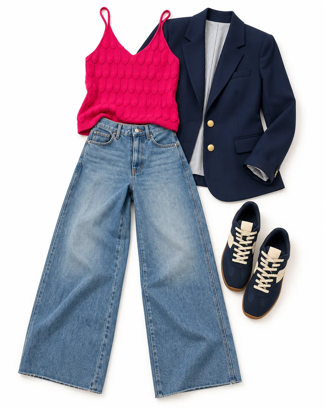A styled outfit: a bright pink camisole with a navy blazer and light-wash wide-leg jeans