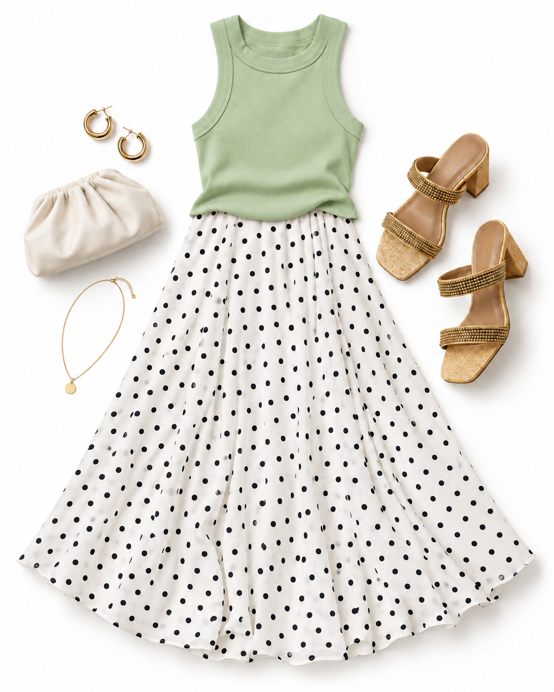 A styled outfit: a sage green tank top with a white polka-dot midi skirt, gold block-heel sandals, and a cream clutch
