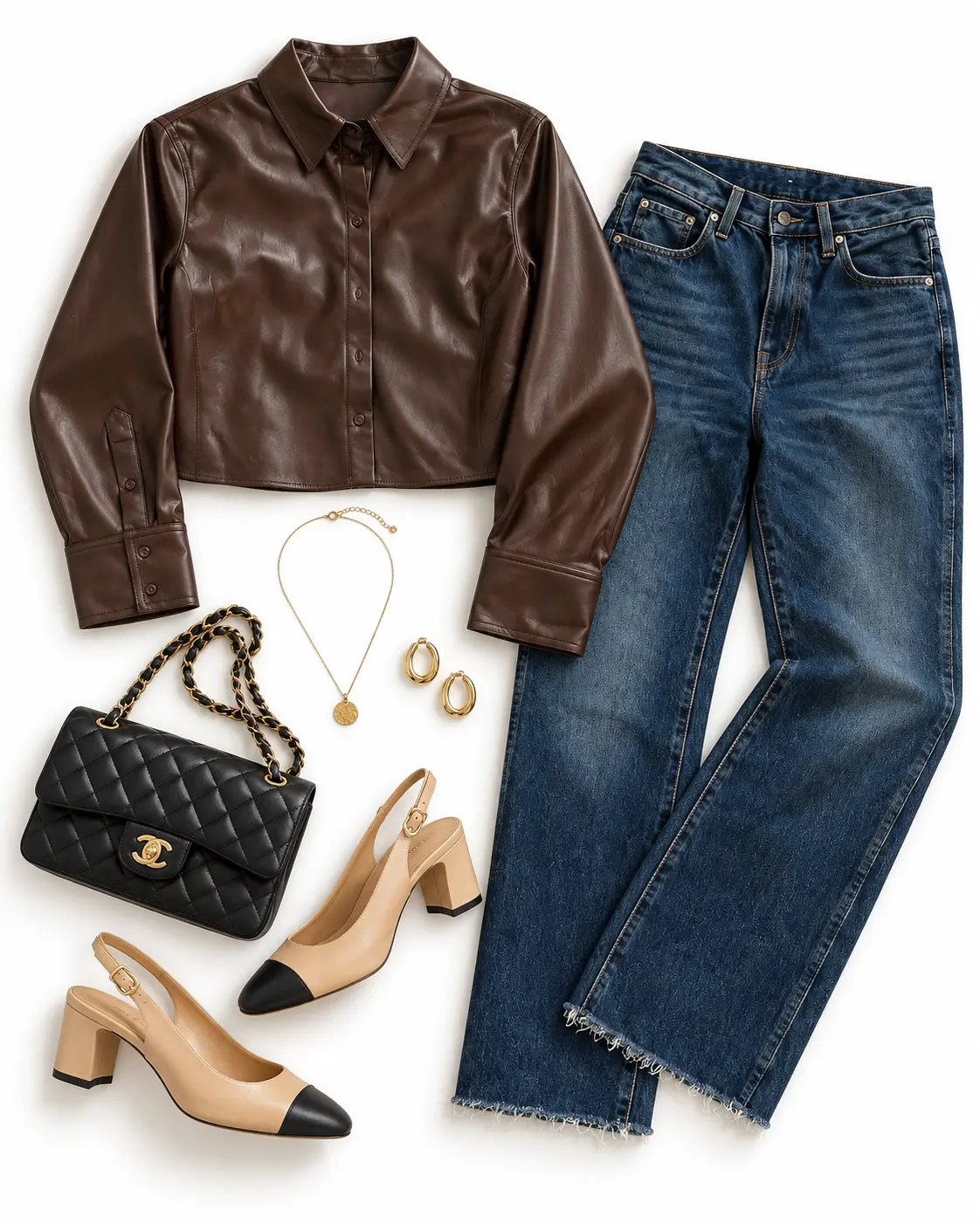 A styled outfit: a brown leather button-up shirt with blue straight-leg jeans, black-and-cream slingback heels, a quilted chain bag, and gold jewelry